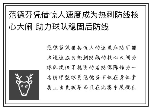 范德芬凭借惊人速度成为热刺防线核心大闸 助力球队稳固后防线